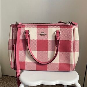 Coach Pink and Cream Plaid Satchel